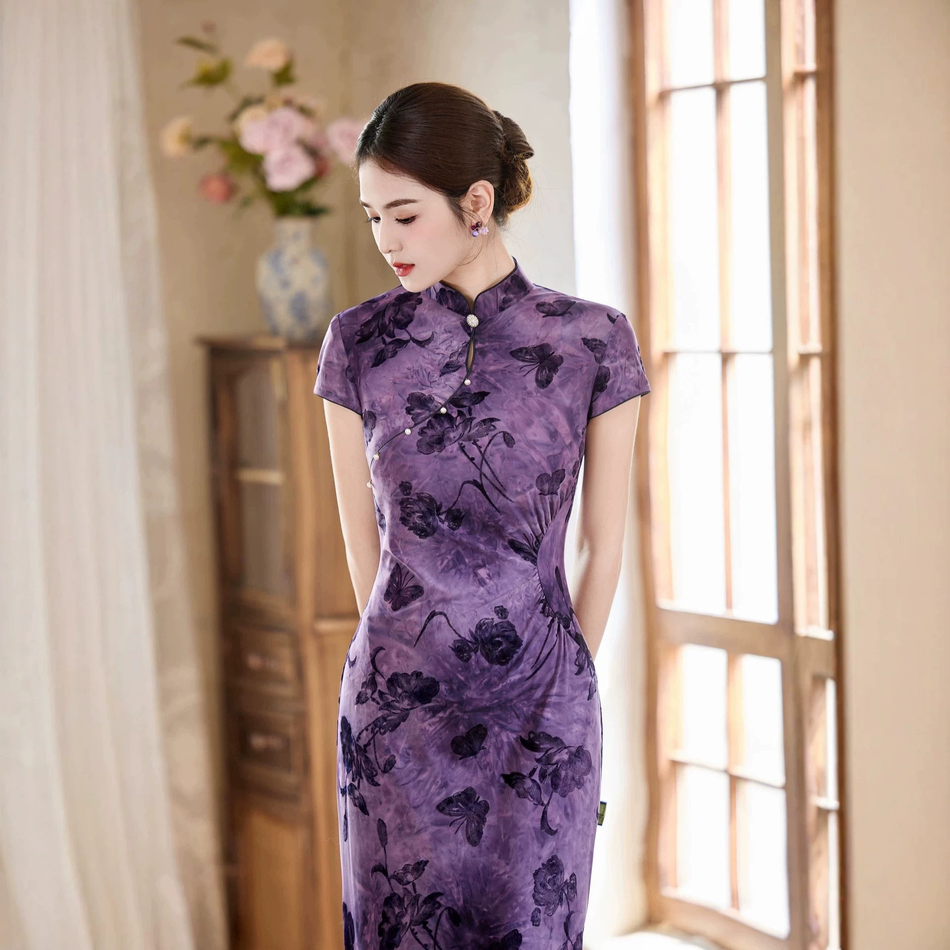 M紫色改良大码婆婆团走秀复古高级感日常旗袍显瘦连衣裙2026夏