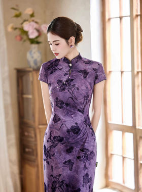 M紫色改良大码婆婆团走秀复古高级感日常旗袍显瘦连衣裙2026夏