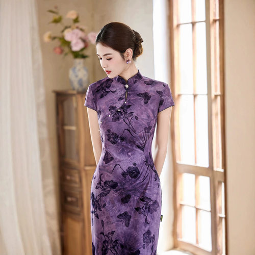 M紫色改良大码婆婆团走秀复古高级感日常旗袍显瘦连衣裙2026夏