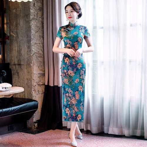 蓝色桑蚕丝真丝弹力缎长款短袖春夏新款旗袍裙复古文艺修身旗袍