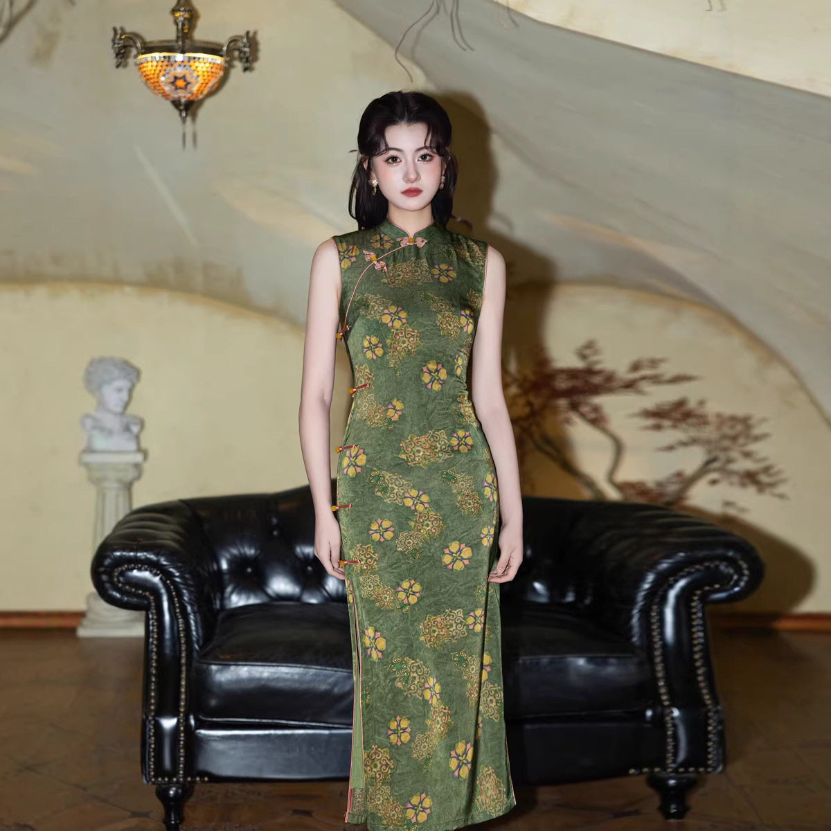 M复古绿调花卉提花无袖旗袍修身显瘦长款气质改良连衣裙2026新款