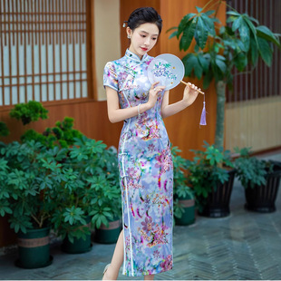 蓝紫色真丝旗袍中式桑蚕丝连衣裙手工缝制送考宴席日常2026夏新款