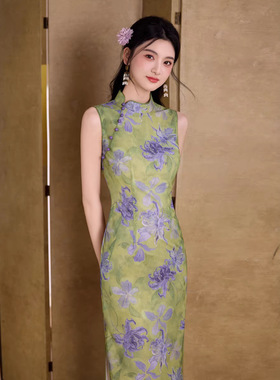 2026新款新中式提花改良旗袍女气质复古无袖绿色旗袍连衣裙性感