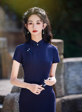 深蓝色弹力棉麻条纹复古典雅民国文艺风改良现代少女旗袍裙春夏