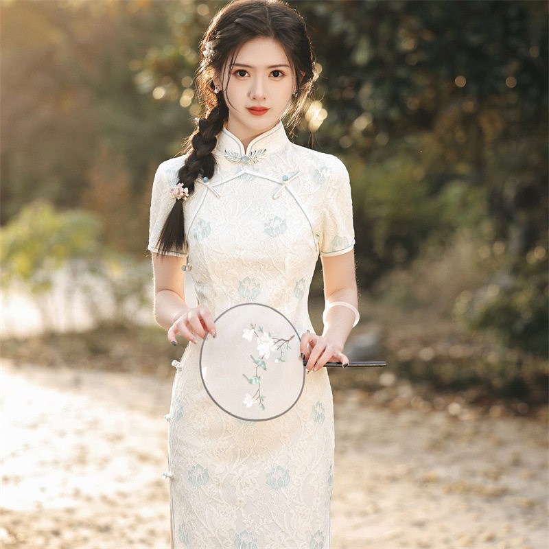 M复合蕾丝圆襟年轻款少女感连衣裙清新文艺日常改良旗袍春夏新款