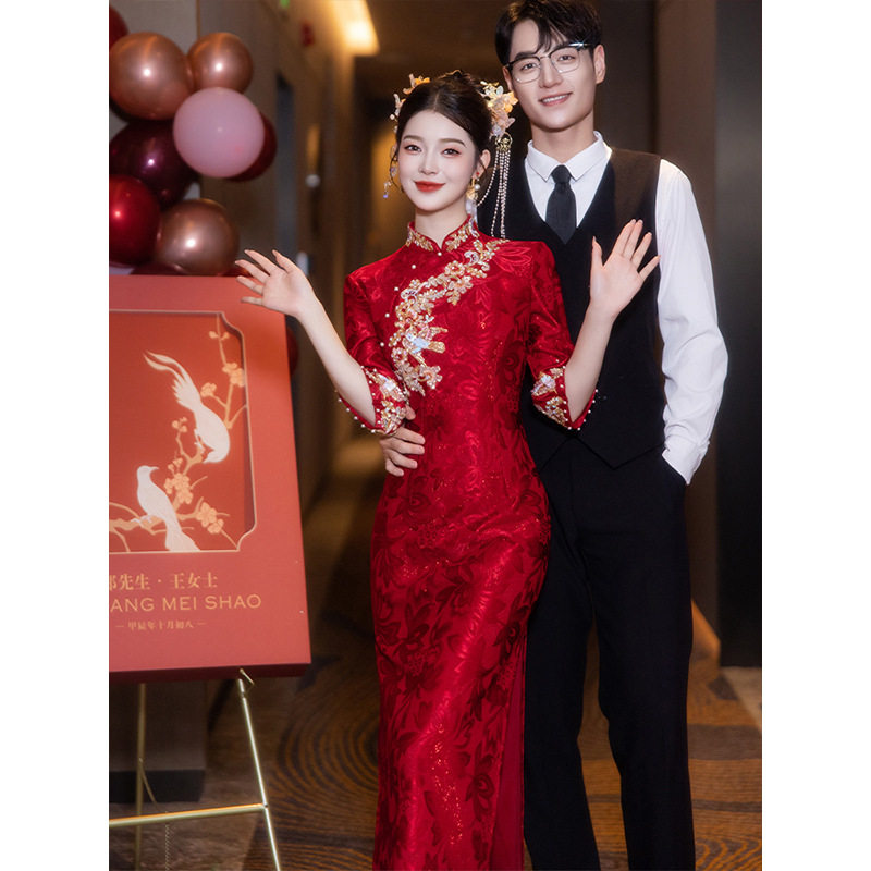 3267红色旗袍敬酒服结婚当天新娘便装回门订婚中式礼服裙中长袖秋