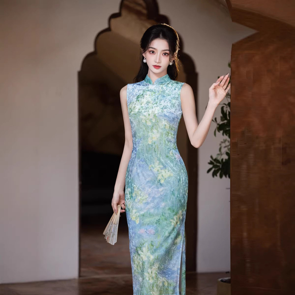 M清新蓝绿色金钻绒改良无袖文艺年轻少女气质新中式旗袍2026夏秋