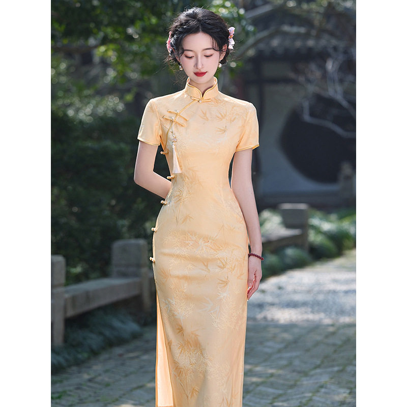 3714黄色旗袍少女新中式夏季订婚日常可穿素雅气质收腰连衣裙