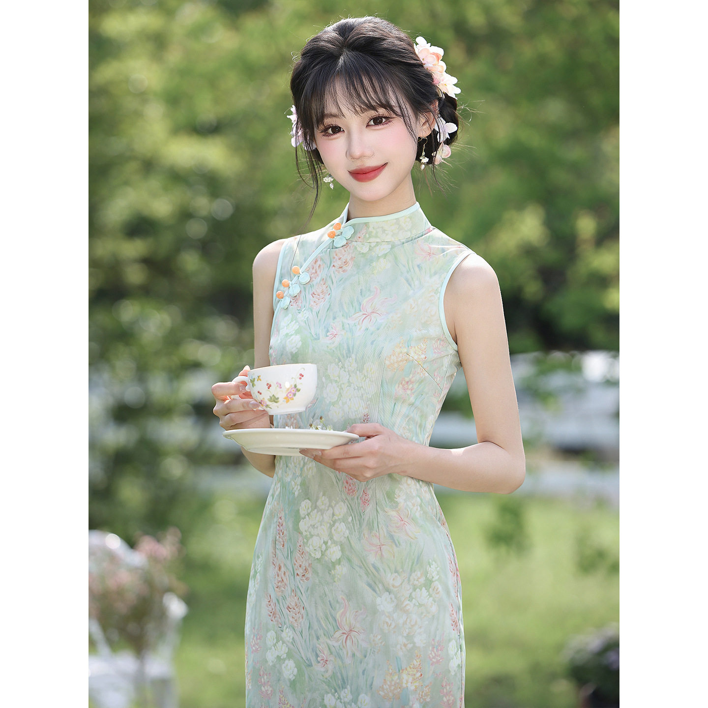 l绿色无袖国风新中式苏州长款旗袍改良年轻款2026新款女感夏季