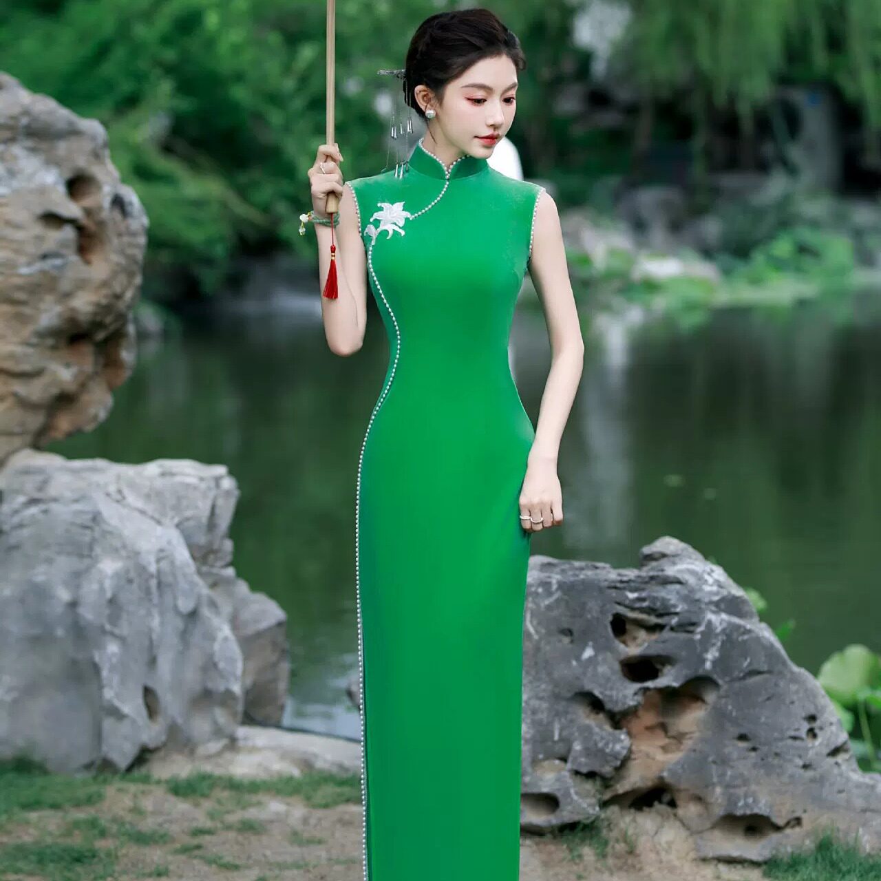 Y走秀旗袍珍珠丝绒超长款修身形体礼仪复古修身表演出服装
