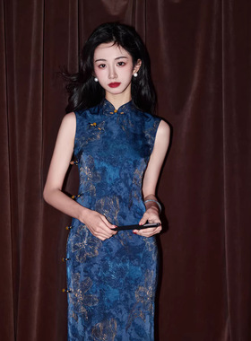 蓝色提花无袖改良旗袍复古温婉气质港风长款修身显瘦连衣裙日常款