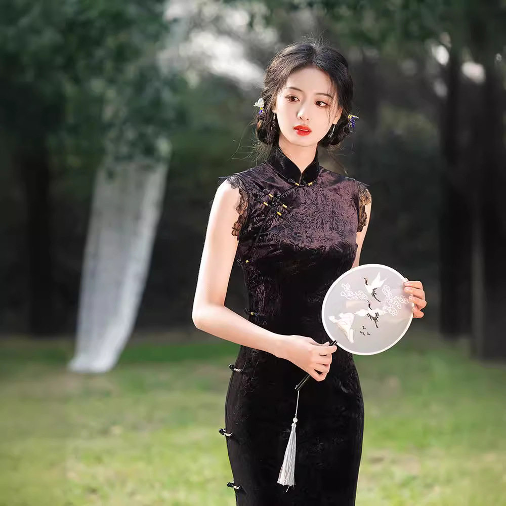 M黑色丝绒压花无袖旗袍改良旗袍修身显瘦日常年轻款2026春秋新款