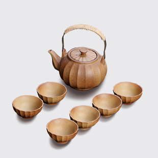 日式手工柴烧茶杯复古陶瓷粗陶功夫茶具围炉喝茶南瓜提梁壶品茗杯