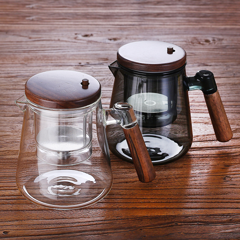 胡桃木飘逸壶 加厚玻璃内胆一键过滤茶水分离按压式飘逸杯 泡茶壶