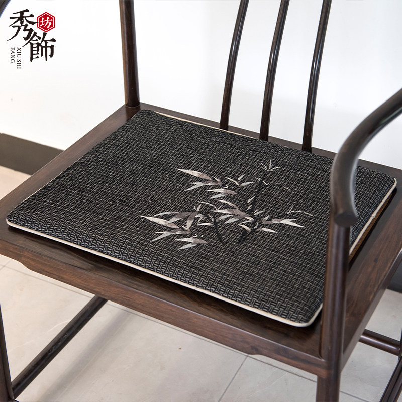 新中式椅垫古典棉麻刺绣坐垫子茶椅餐椅圈椅垫红木沙发座垫可定制