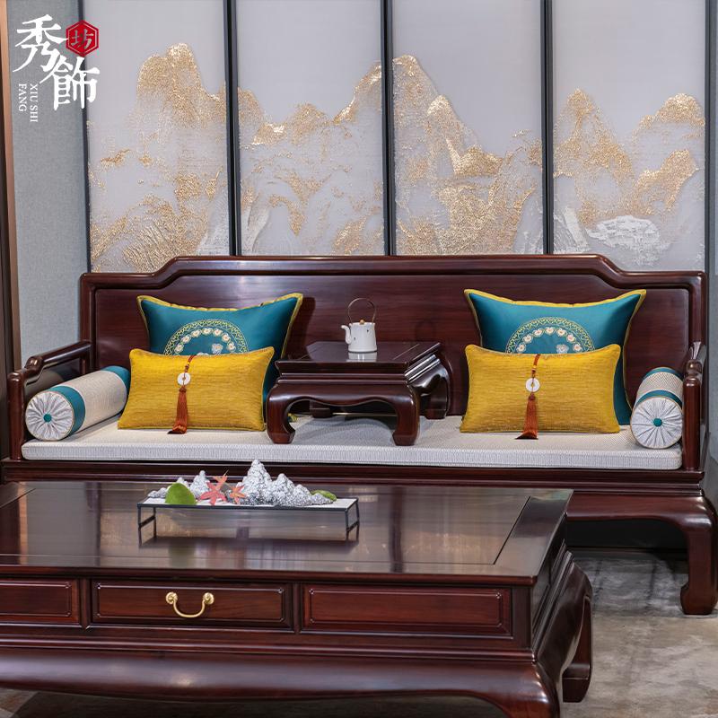 新中式红木沙发坐垫古典罗汉床垫刺绣云朵枕软体沙发大靠背可定制