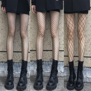 搭配破洞牛仔裤 袜 渔网袜黑丝袜女情调性感白色大中小网格辣妹连裤