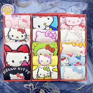 5双可爱卡通萌kitty猫凯蒂猫女袜KT猫短袜船袜学生中短筒袜子 包邮