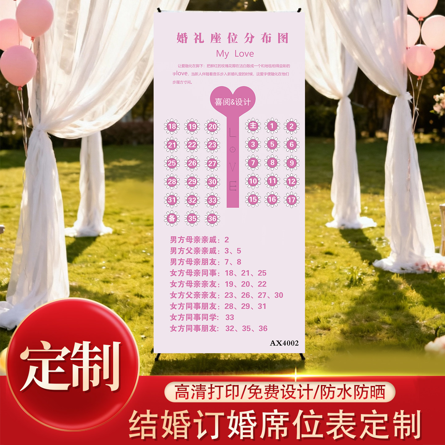 个性创意结婚订婚宴座位安排表桌位图宾客名单海报x展架设计定制