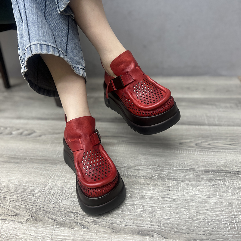 厚底T字打孔洞洞鞋圆头镂空凉鞋
