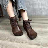 艺鞜2026秋季 新款 真皮平底软底弹力绳短筒休闲短靴侧拉链马丁靴女