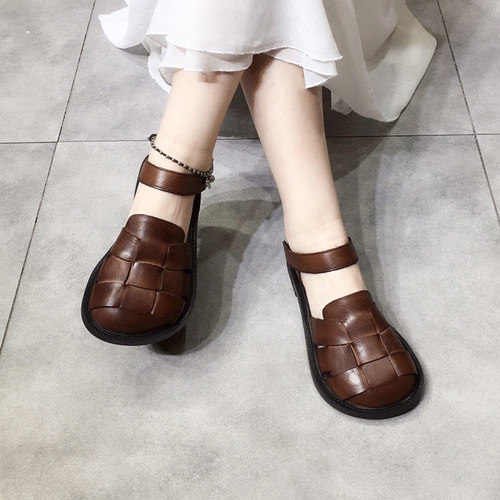 编织平底复古大圆头娃娃鞋女凉鞋