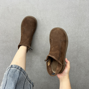 艺鞜2025年秋季 真皮复古圆头侧拉链短筒休闲单靴牛皮切尔西靴 新款