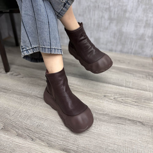 松糕溶解底真皮加绒保暖棉靴