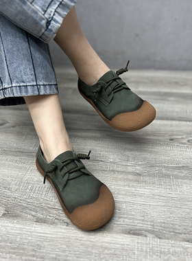艺鞜2026年春季新款真皮平底包头休闲圆头绿色手工系带文艺单鞋女
