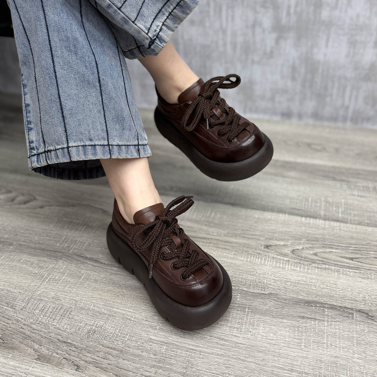 艺鞜2026春季新款复古松糕真皮休闲深口复古牛皮厚底系带大头单鞋,女鞋,浅口单鞋,淘宝优惠券,粉丝福利购,淘宝优惠卷