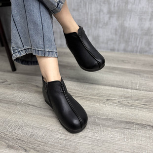 拼接软底加绒短靴 真皮佛系侧拉链妈妈软底棉鞋 艺鞜2025年冬季 新款