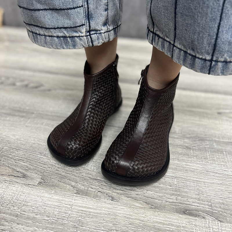 编织平底短靴侧拉链踝靴女