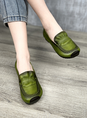 艺鞜2026年夏季新款真皮绿色软底褶皱浅口套脚中年平底懒人单鞋女