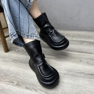 艺鞜2025年冬季 真皮厚底皮带扣加绒马丁靴头层牛皮套脚短靴女 新款