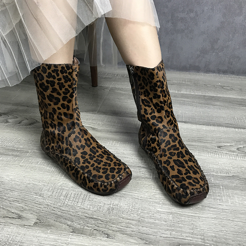 艺鞜秋季新款马毛豹纹侧拉链单靴