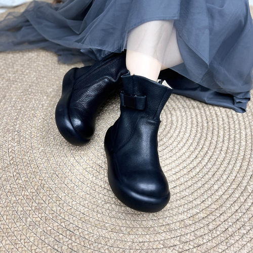 大圆头皮带扣侧拉链娃娃短靴