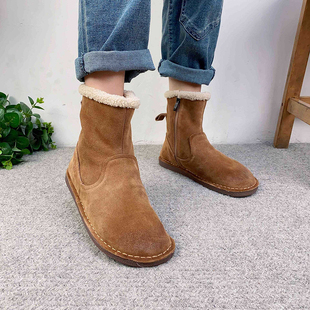 艺鞜2025年冬季 文艺森女真皮保暖平底棉靴加绒侧拉链雪地靴女 新款