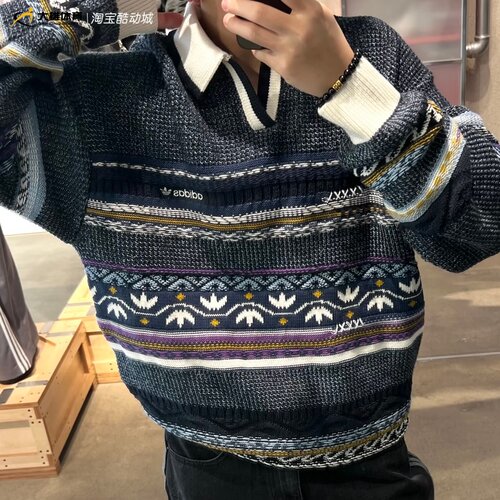Adidas三叶草26年秋冬男女复古宽松POLO领费尔岛毛衣针织衫LD3288