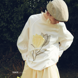 卫衣女款 袖 圆领宽松上衣 郁金香手工立体绣花～早春衬衫 印计谷羽