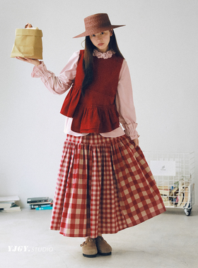 原创自制复古红色织格子高腰半身裙女秋冬氛围捏褶显瘦a字伞裙子