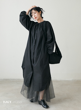 印计谷羽 高腰显褶皱开衫连衣裙女春季新款设计感灯笼袖长裙F821
