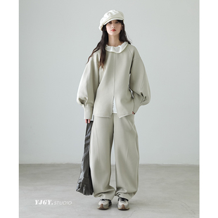 卫裤 美式 F982 宽松慵懒风套装 印计谷羽灰色空气棉连帽卫衣女秋冬季