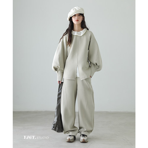 印计谷羽灰色空气棉连帽卫衣女秋冬季宽松慵懒风套装美式卫裤F982