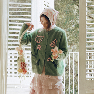 绣花设计短款 印计谷羽森林绿色开衫 羊毛针织衫 薄款 外套上衣 女春季