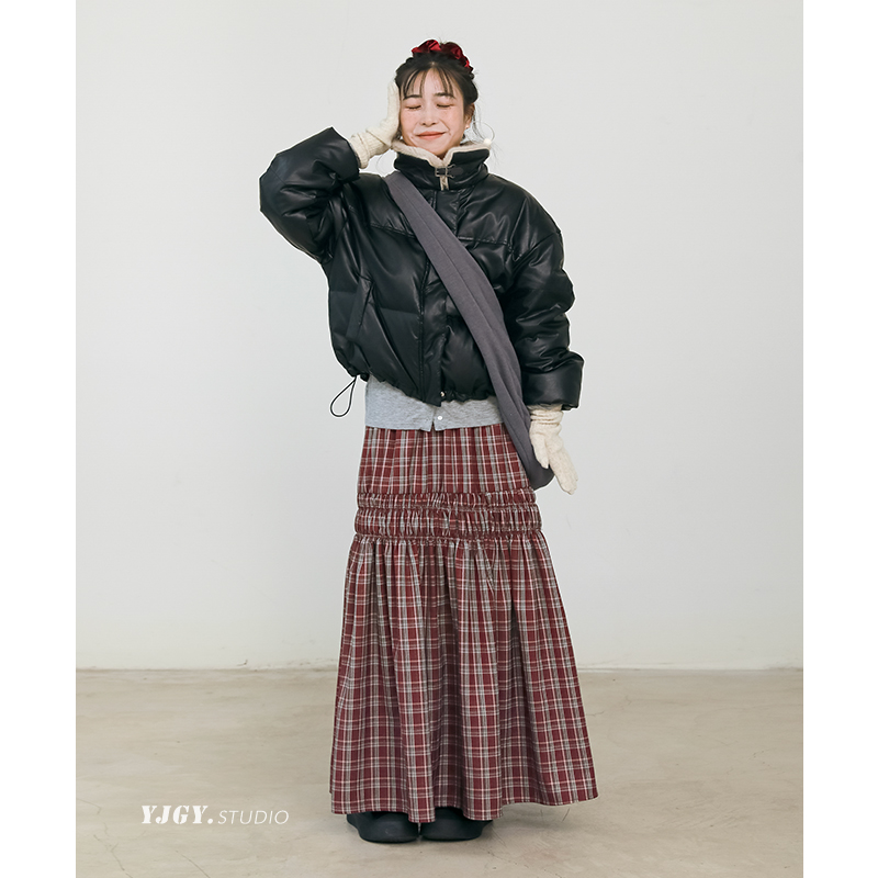 印计谷羽格纹收褶半身裙女2024秋冬季新款显瘦中长款a字伞裙F1052