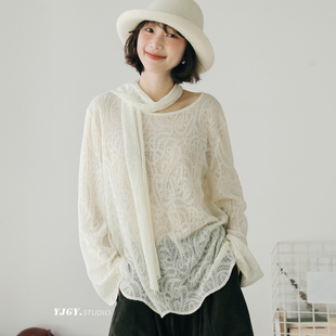 小众设计羊毛蕾丝立体腰果花打底衫 女带飘带文艺百搭宽松气质上衣