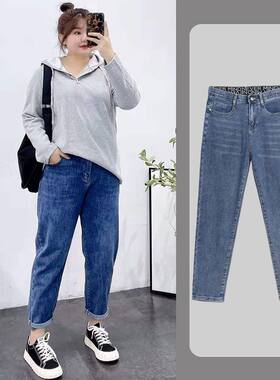 胖妹妹高腰牛仔裤子女宽松显瘦