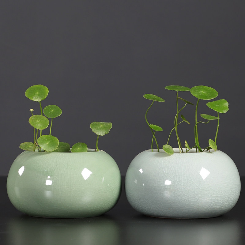 可爱哥窑陶瓷无孔水培小花盆透气绿萝铜钱草容器桌面花器特价清仓