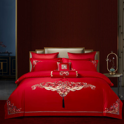 新中式全棉结婚四件套纯棉婚庆床上用品大红色高档婚床喜被套件