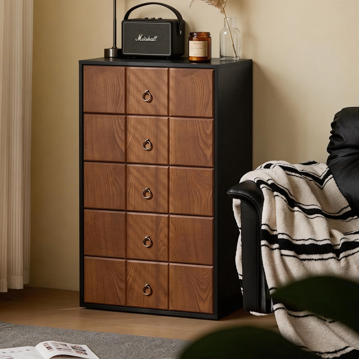 奈斯/法式复古风实木五斗柜客厅家用中古侘寂储物柜胡桃色边柜